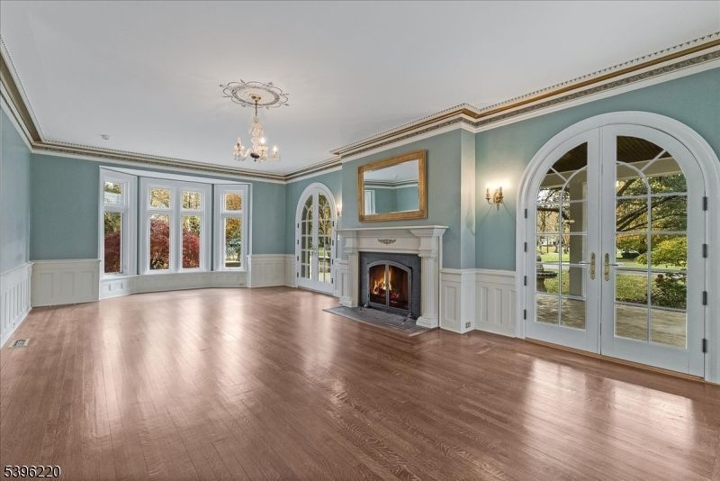 Chandelier, Empty room, Fireplace, Interior, Wood Texture Flooring