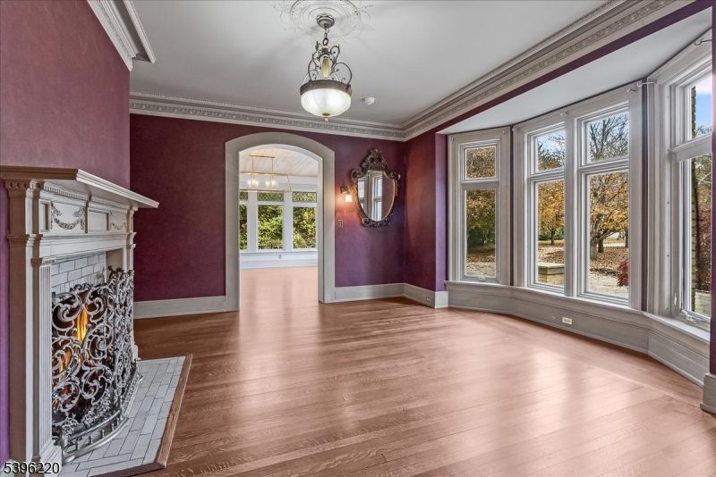Empty room, Fireplace, Interior, Pendant Lights, Wood Texture Flooring