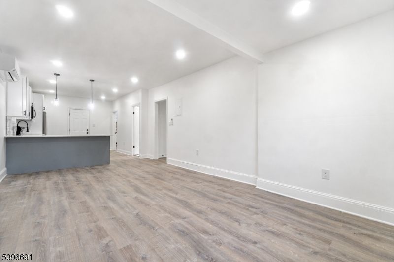 Empty room, Interior, Kitchen, Pendant Lights, Recessed Lighting, Wood Texture Flooring