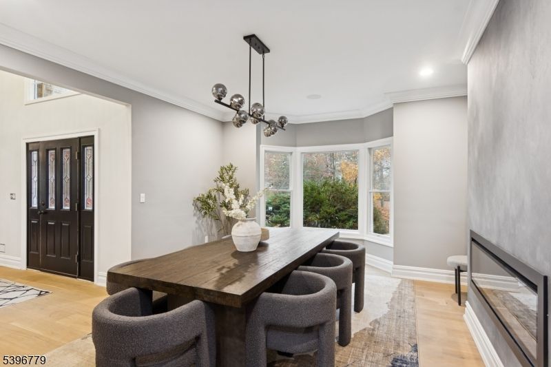Dining room, Interior, Pendant Lights, Recessed Lighting, Wood Texture Flooring