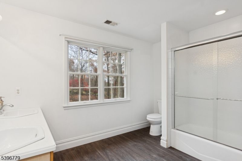 Bathroom, Glass Shower, Interior, Recessed Lighting, Wood Texture Flooring