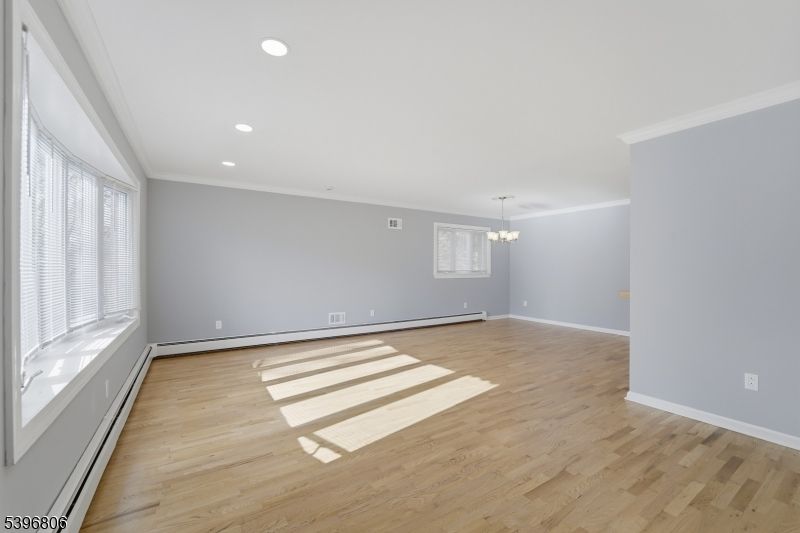 Chandelier, Empty room, Interior, Recessed Lighting, Wood Texture Flooring