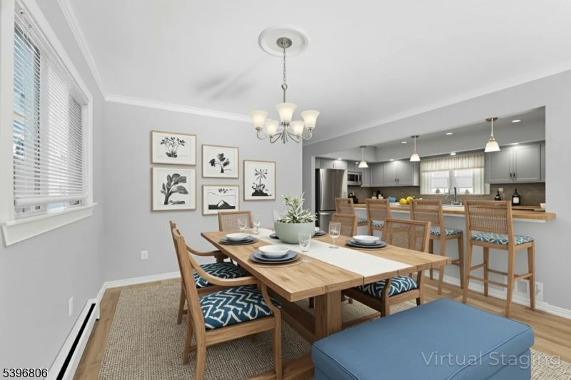 Chandelier, Dining room, Interior, Kitchen, Pendant Lights, Recessed Lighting, Wood Texture Flooring