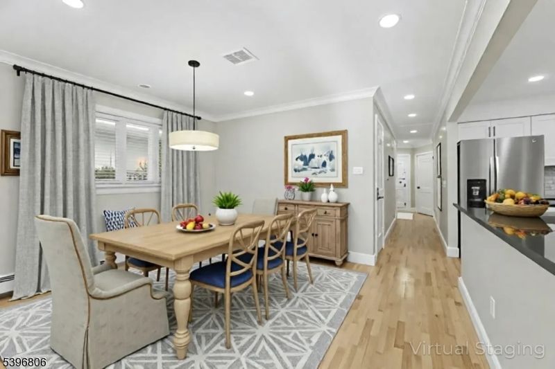 Dining room, Interior, Kitchen, Pendant Lights, Recessed Lighting, Stainless Steel Appliances, Wood Texture Flooring