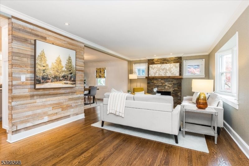 Fireplace, Interior, Living room, Recessed Lighting, Wood Texture Flooring, Wooden Walls