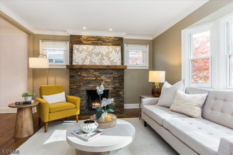 Fireplace, Interior, Living room, Recessed Lighting, Wood Texture Flooring