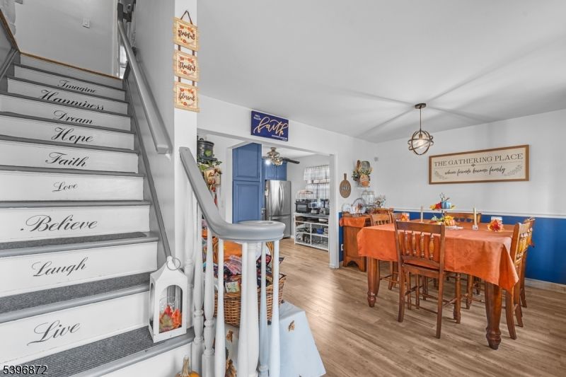 Dining room, Interior, Pendant Lights, Wood Texture Flooring