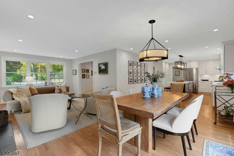 Chandelier, Dining room, Interior, Kitchen, Living room, Pendant Lights, Recessed Lighting, Wood Texture Flooring