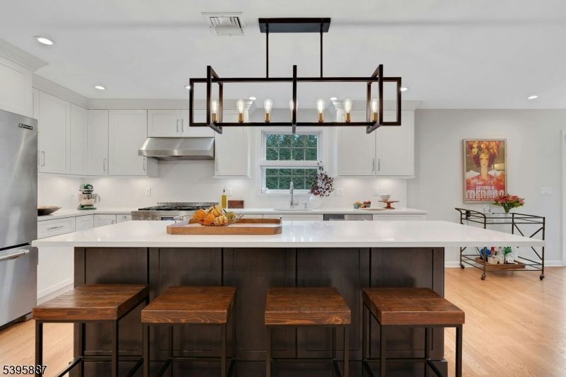Chandelier, Interior, Kitchen, Recessed Lighting, Stainless Steel Appliances, Wood Texture Flooring