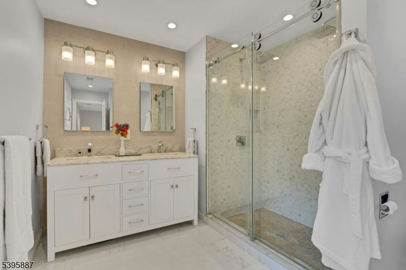 Bathroom, Dual Sink Vanities, Glass Shower, Interior, Marble, Recessed Lighting