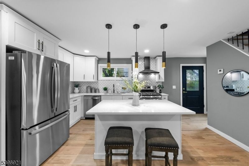 Interior, Kitchen, Pendant Lights, Recessed Lighting, Stainless Steel Appliances, Wood Texture Flooring