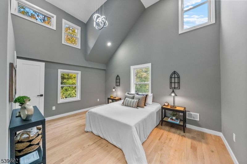 Bedroom, Interior, Pendant Lights, Recessed Lighting, Wood Texture Flooring