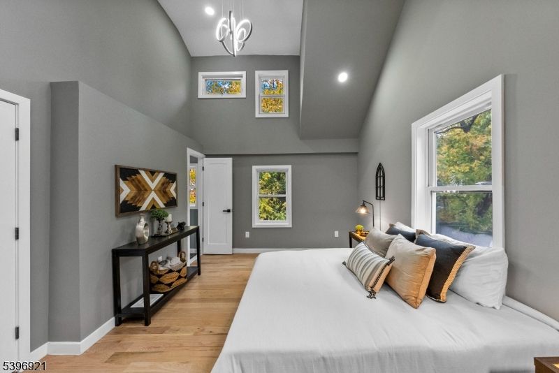 Bedroom, Interior, Pendant Lights, Recessed Lighting, Wood Texture Flooring