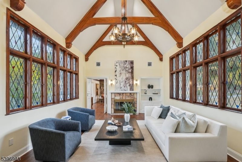 Chandelier, Fireplace, Interior, Living room, Wooden Beams, Wood Texture Flooring