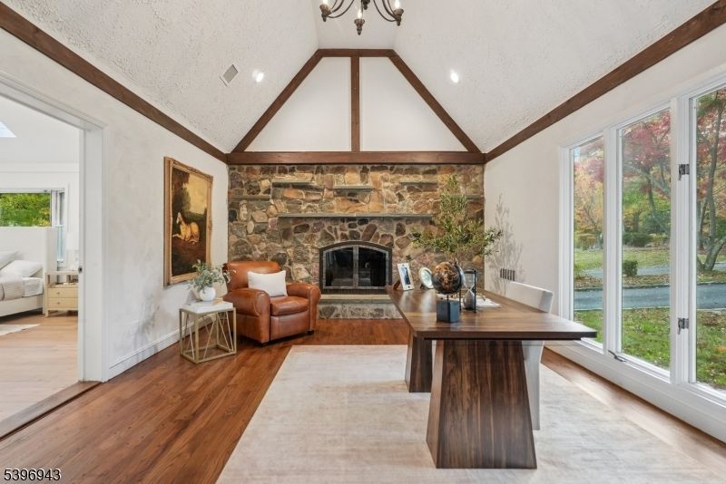 Chandelier, Fireplace, Interior, Recessed Lighting, Wooden Beams, Wood Texture Flooring