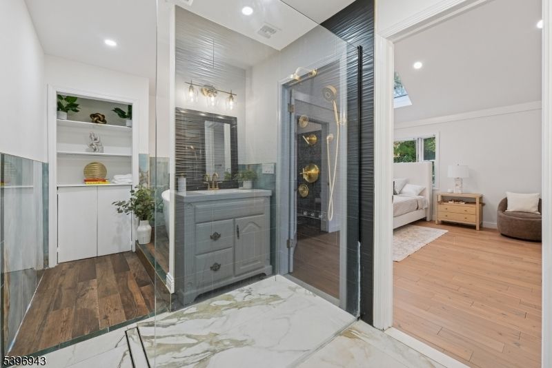 Bathroom, Bedroom, Glass Shower, Interior, Marble, Recessed Lighting, Wood Texture Flooring