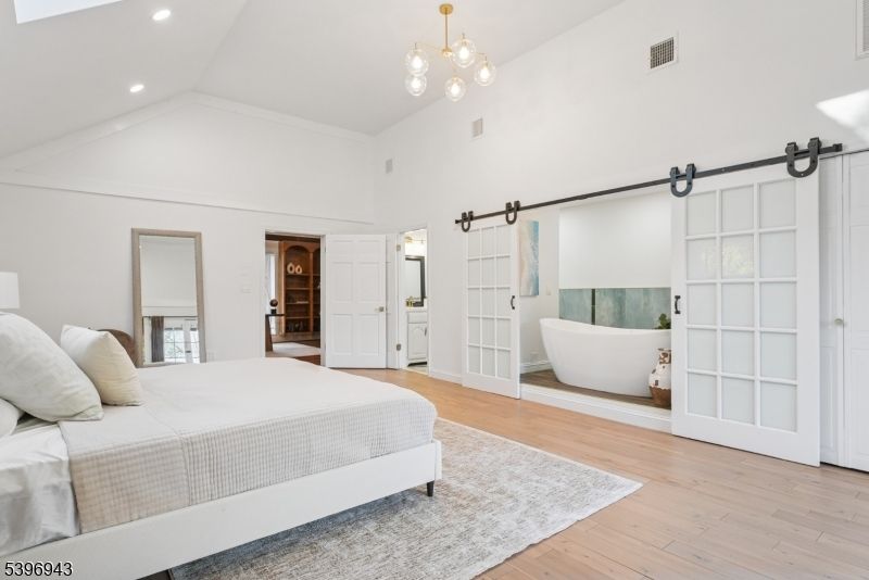 Bedroom, Interior, Pendant Lights, Recessed Lighting, Wood Texture Flooring