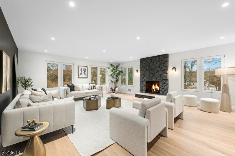 Fireplace, Interior, Living room, Recessed Lighting, Wood Texture Flooring