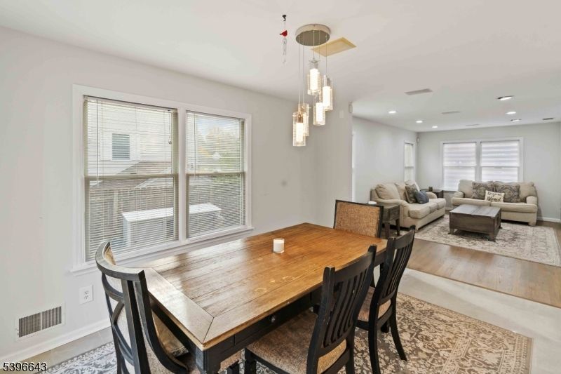 Dining room, Interior, Living room, Pendant Lights, Recessed Lighting, Wood Texture Flooring