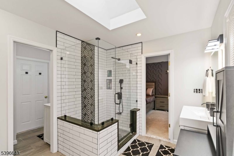 Bathroom, Glass Shower, Interior, Recessed Lighting, Wood Texture Flooring