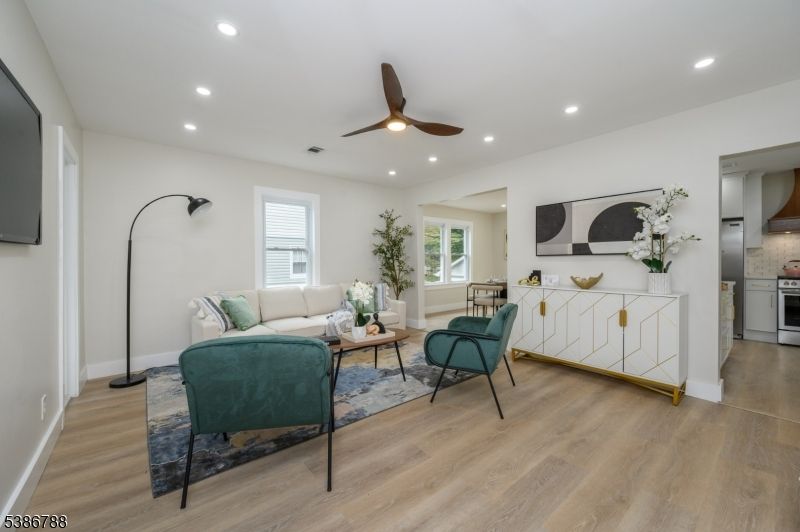 Interior, Kitchen, Living room, Recessed Lighting, Stainless Steel Appliances, Wood Texture Flooring