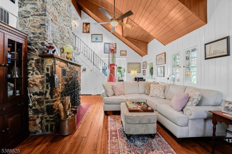 Fireplace, Interior, Living room, Stone Walls, Wooden Ceilings, Wood Texture Flooring