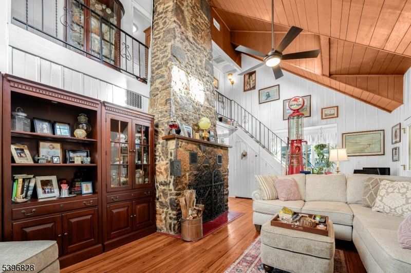 Fireplace, Interior, Living room, Stone Walls, Wooden Ceilings, Wood Texture Flooring