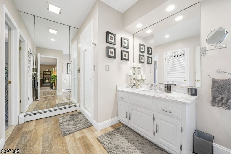 Bathroom, Interior, Recessed Lighting, Wood Texture Flooring