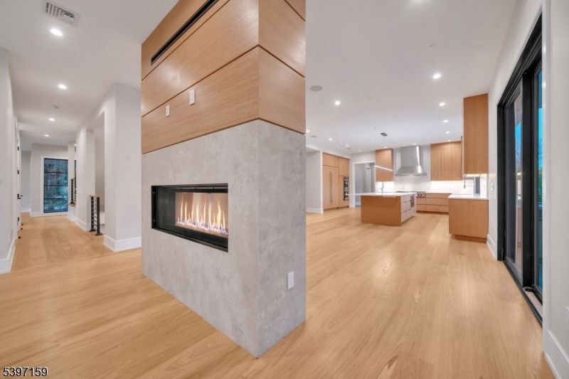 Fireplace, Interior, Kitchen, Recessed Lighting, Wood Texture Flooring