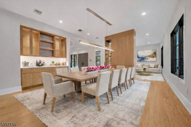 Dining room, Interior, Pendant Lights, Recessed Lighting, Wood Texture Flooring