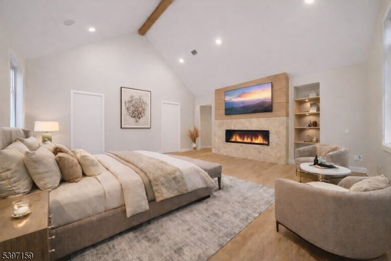 Bedroom, Fireplace, Interior, Recessed Lighting, Wooden Beams, Wood Texture Flooring