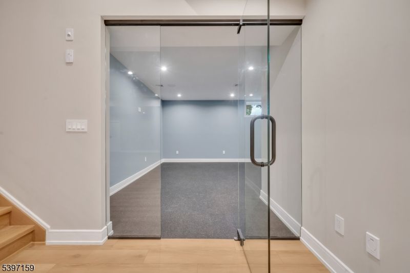 Bathroom, Glass Shower, Interior, Recessed Lighting, Wood Texture Flooring