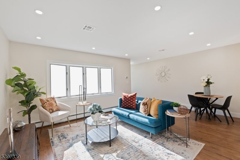 Dining room, Interior, Living room, Recessed Lighting, Wood Texture Flooring
