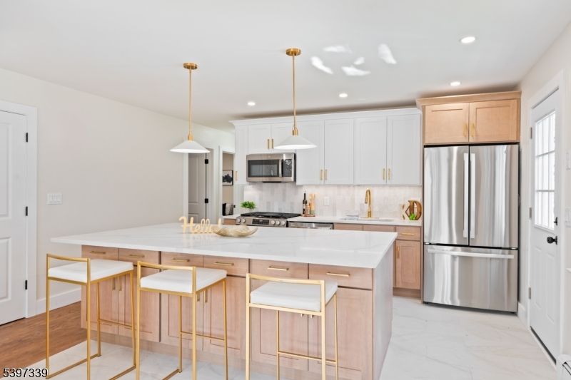 Interior, Kitchen, Marble, Pendant Lights, Recessed Lighting, Stainless Steel Appliances