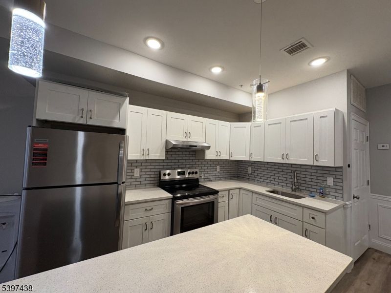 Interior, Kitchen, Pendant Lights, Recessed Lighting, Stainless Steel Appliances, Wood Texture Flooring