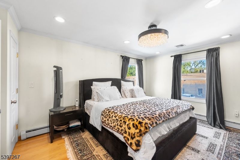 Bedroom, Chandelier, Interior, Recessed Lighting, Wood Texture Flooring