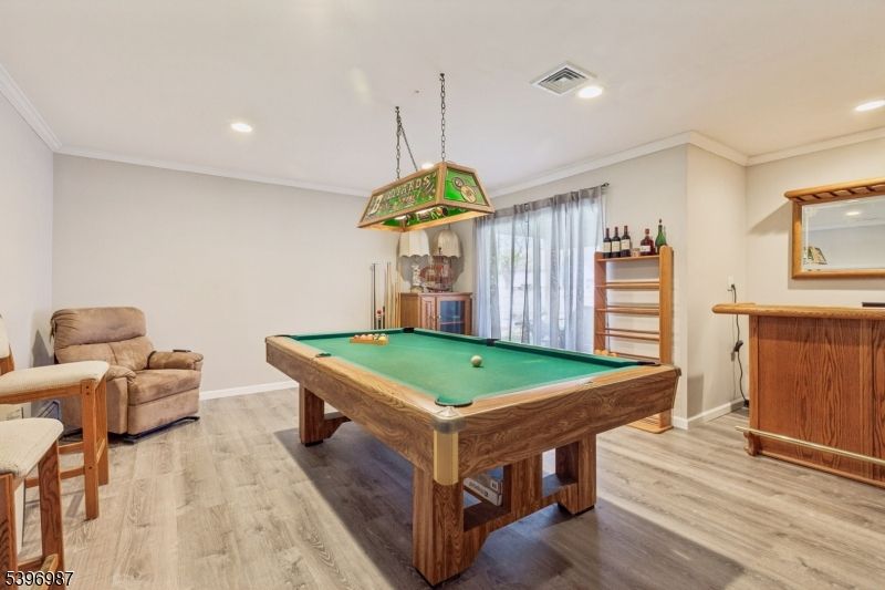 Billiard Table, Game Room, Interior, Pendant Lights, Recessed Lighting, Wood Texture Flooring