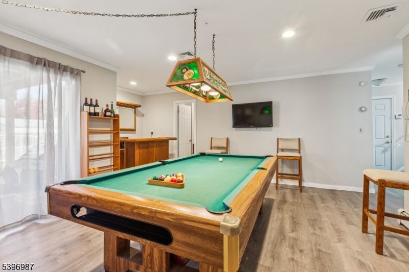 Billiard Table, Game Room, Interior, Pendant Lights, Recessed Lighting, Wood Texture Flooring