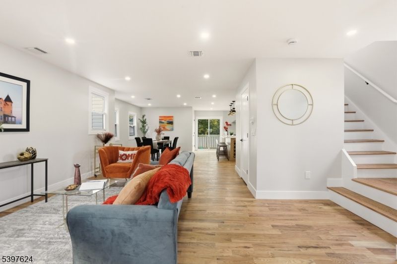 Dining room, Interior, Living room, Recessed Lighting, Wood Texture Flooring