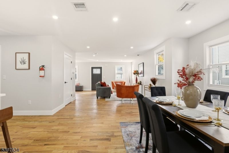 Dining room, Interior, Living room, Recessed Lighting, Wood Texture Flooring