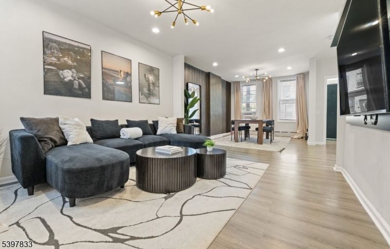 Dining room, Interior, Living room, Pendant Lights, Recessed Lighting, Wood Texture Flooring