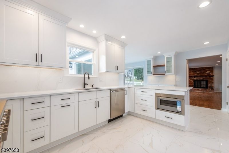 Fireplace, Interior, Kitchen, Marble, Recessed Lighting, Stainless Steel Appliances