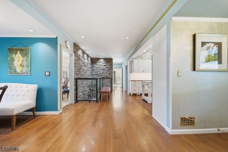 Fireplace, Interior, Recessed Lighting, Stone Walls, Wood Texture Flooring