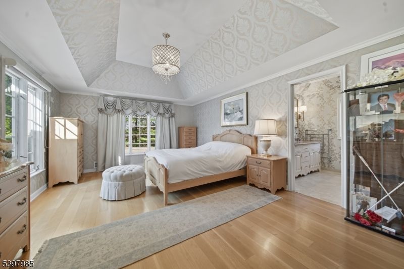 Bedroom, Chandelier, Interior, Wood Texture Flooring