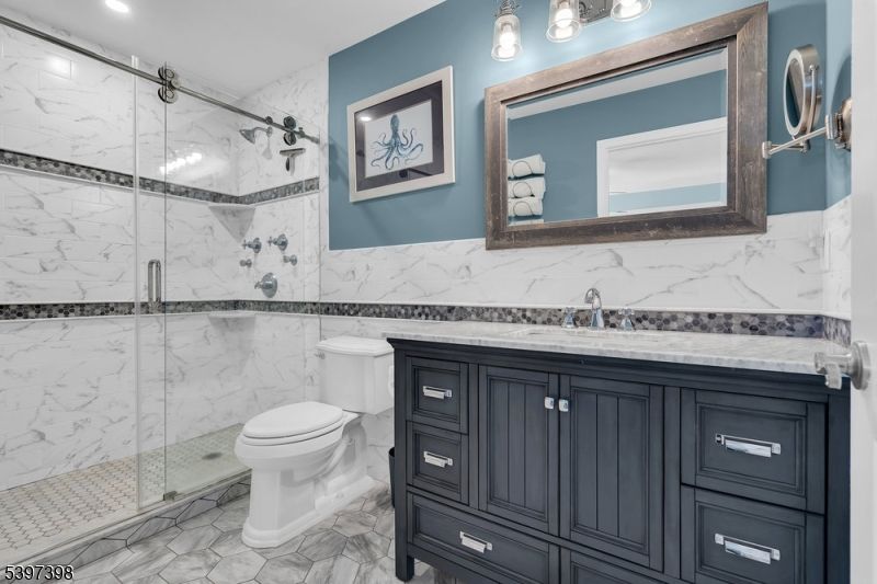 Bathroom, Glass Shower, Interior, Marble, Marble Walls, Recessed Lighting