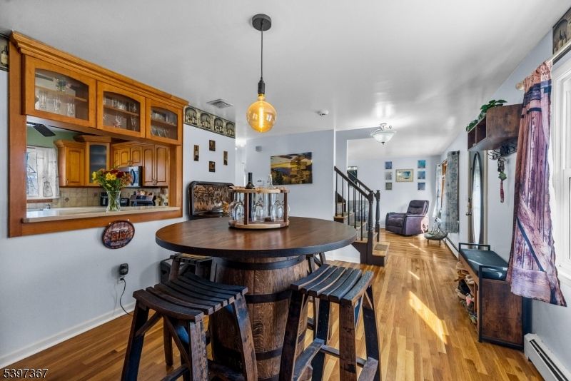Dining room, Interior, Pendant Lights, Wood Texture Flooring