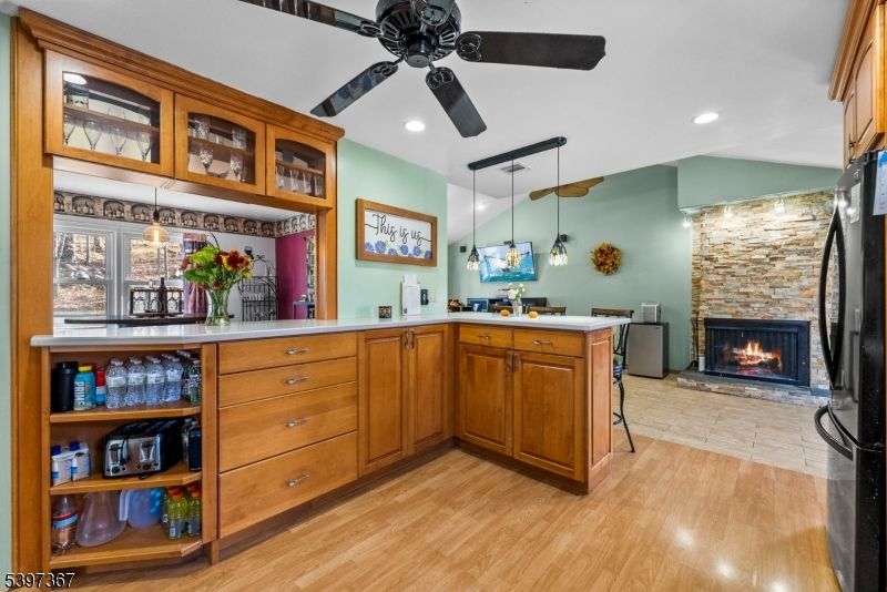 Fireplace, Interior, Pendant Lights, Recessed Lighting, Wood Texture Flooring