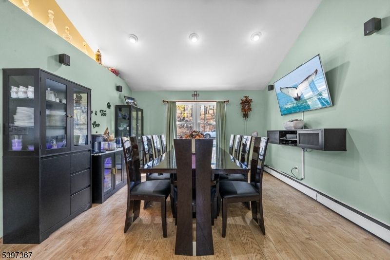 Dining room, Interior, Recessed Lighting, Wood Texture Flooring