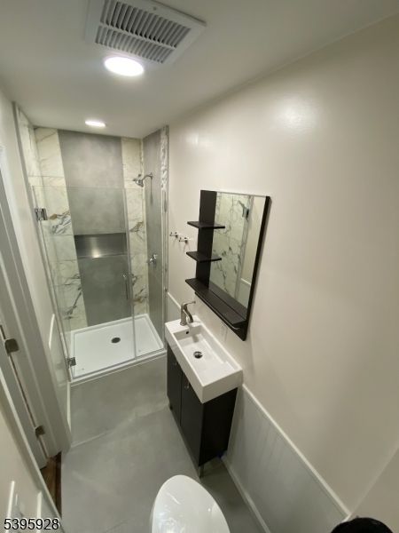 Bathroom, Glass Shower, Interior, Marble Walls, Recessed Lighting