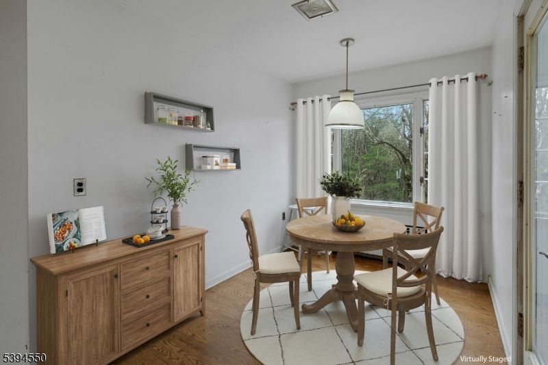 Dining room, Interior, Pendant Lights, Wood Texture Flooring